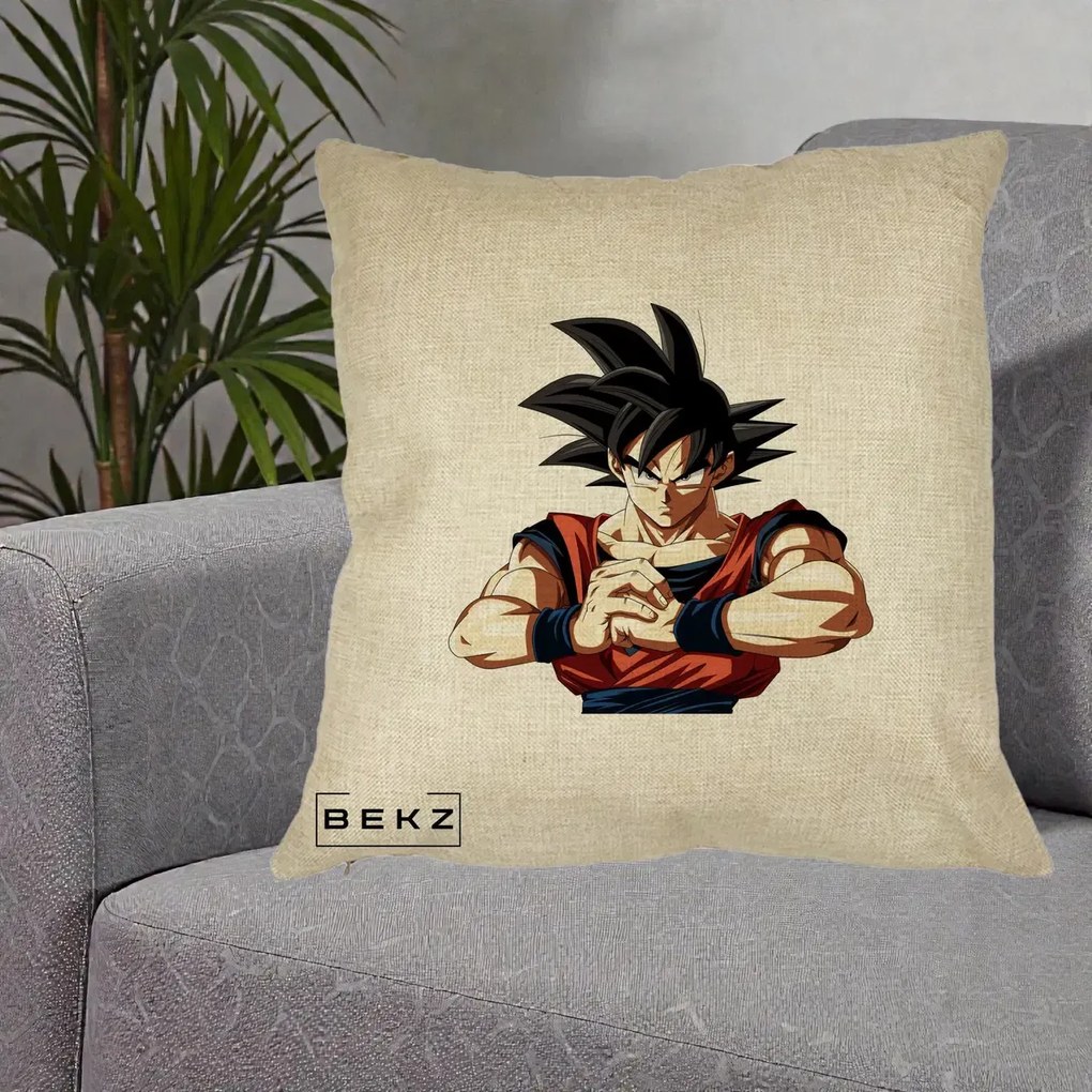 Perna Personalizata Dragon Ball Goku Portret Serios, 40x40 cm, Crem, Husa Detasabila, Perna Inclusa, BEKZ®