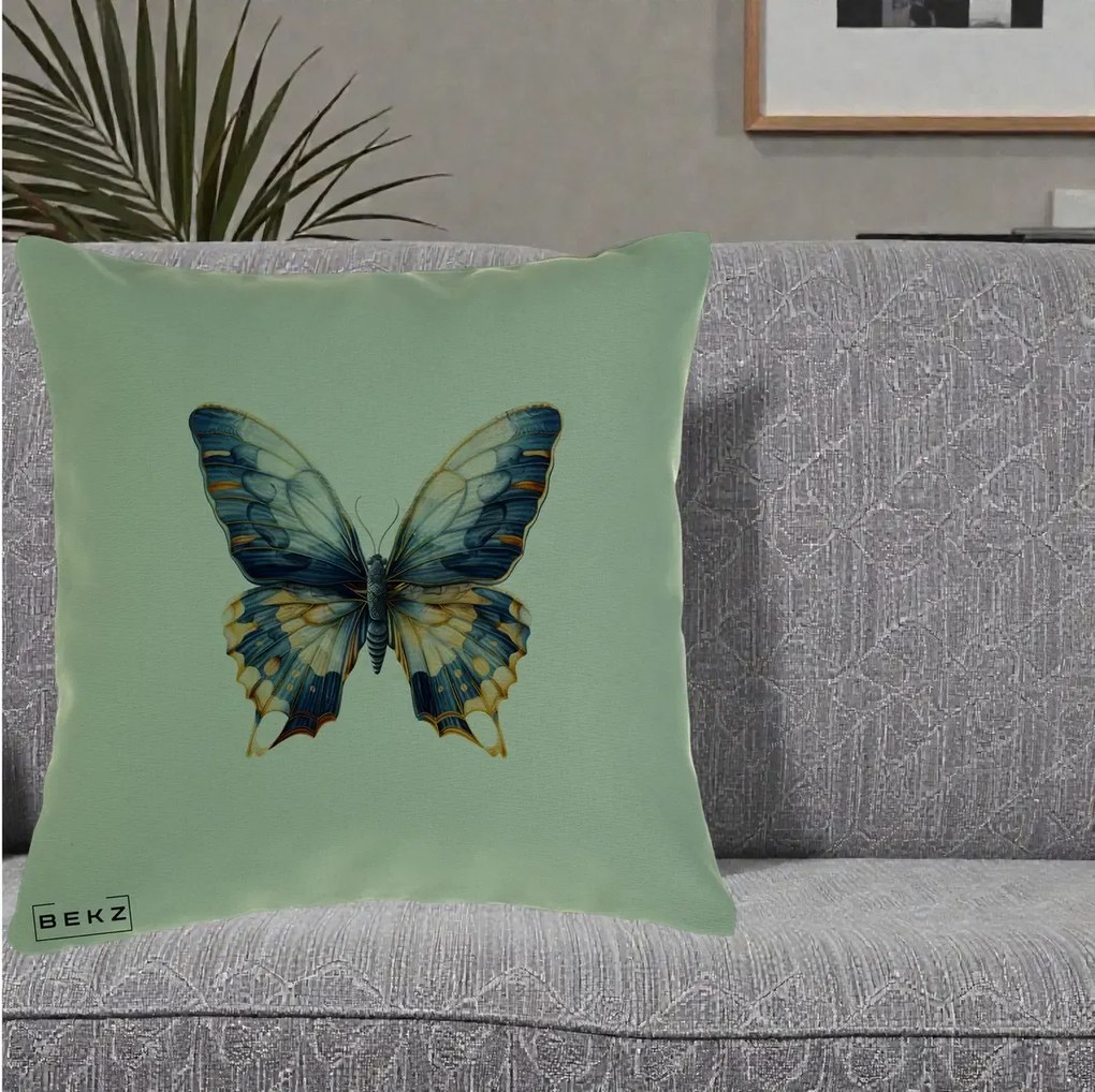 Perna Decorativa Fluture Albastru Auriu Elegant, 40x40 cm, Verde, Husa Detasabila, Perna Inclusa, BEKZ®