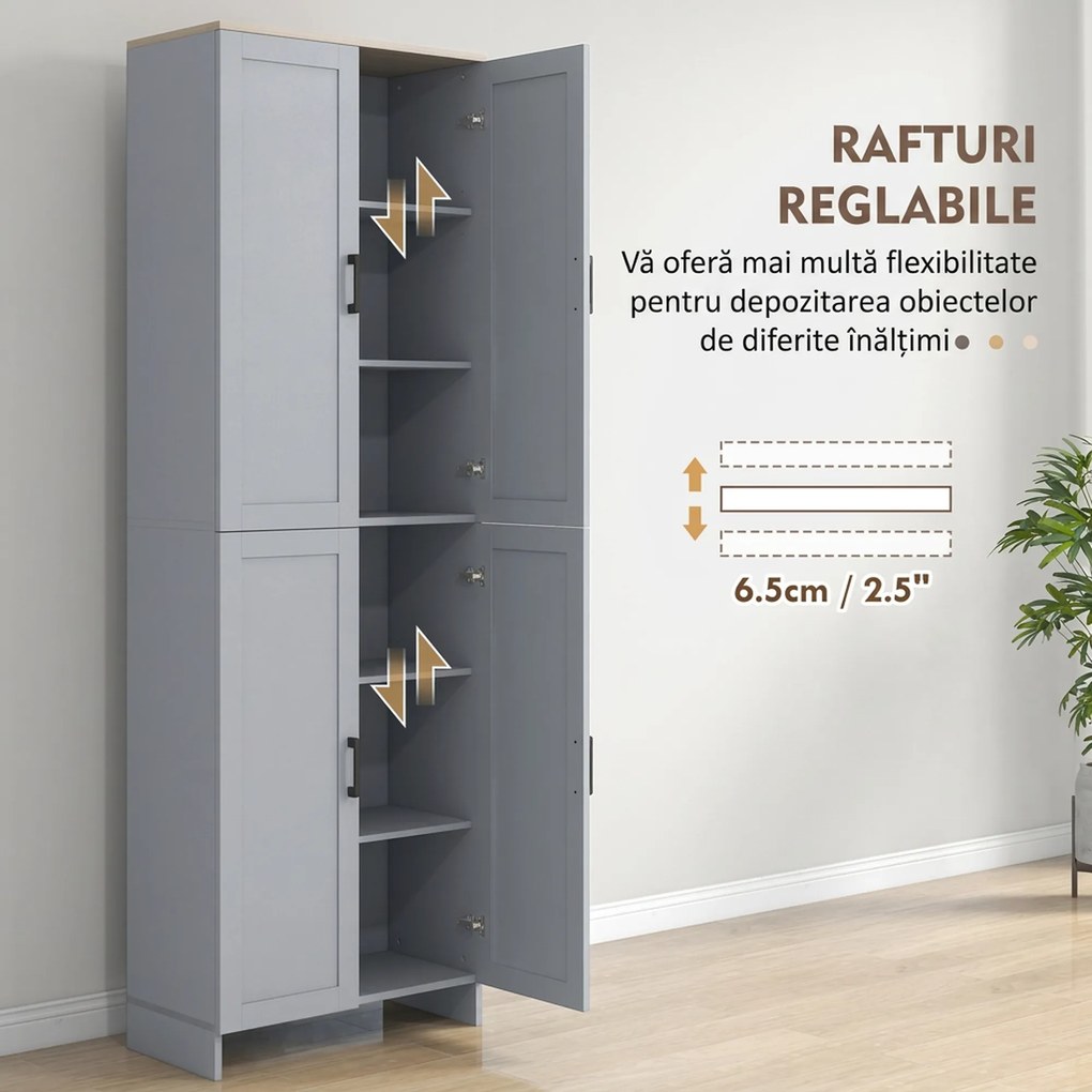 HOMCOM Dulap cămară de bucătărie din lemn cu 2 rafturi reglabile și 4 uși, 60x30x170,5 cm, gri | Aosom Romania