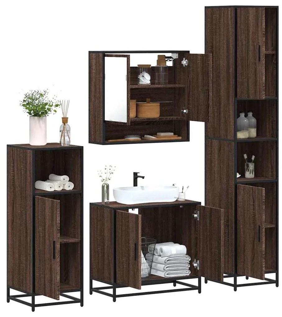 vidaXL Set de mobilier de baie din 4 piese din lemn de stejar maro