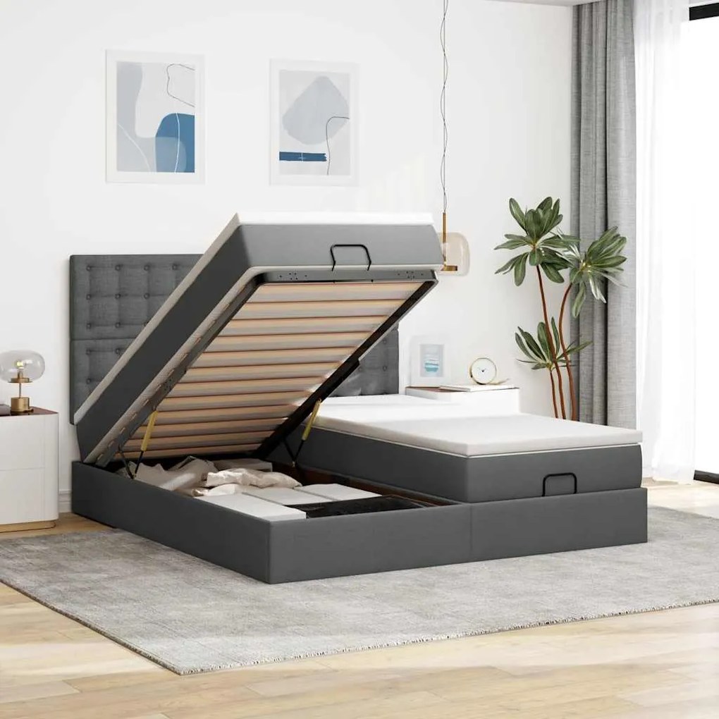 vidaXL Cadru de pat otoman cu saltele Gri închis 180x200cm țesătură