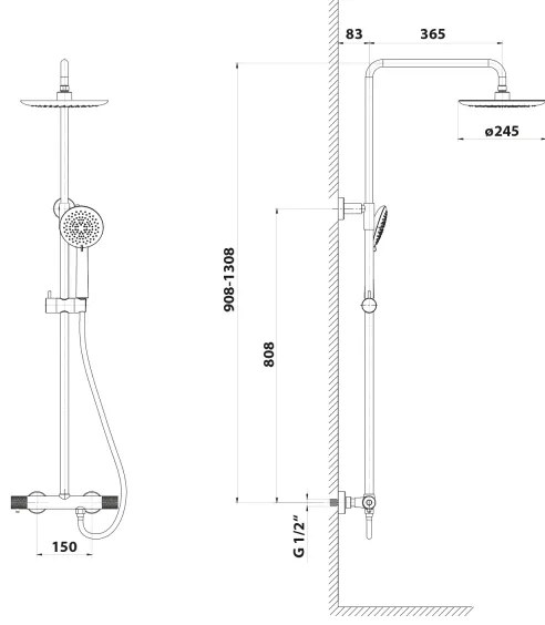 Sapho - Set de duș SOLARIS cu baterie, negru mat