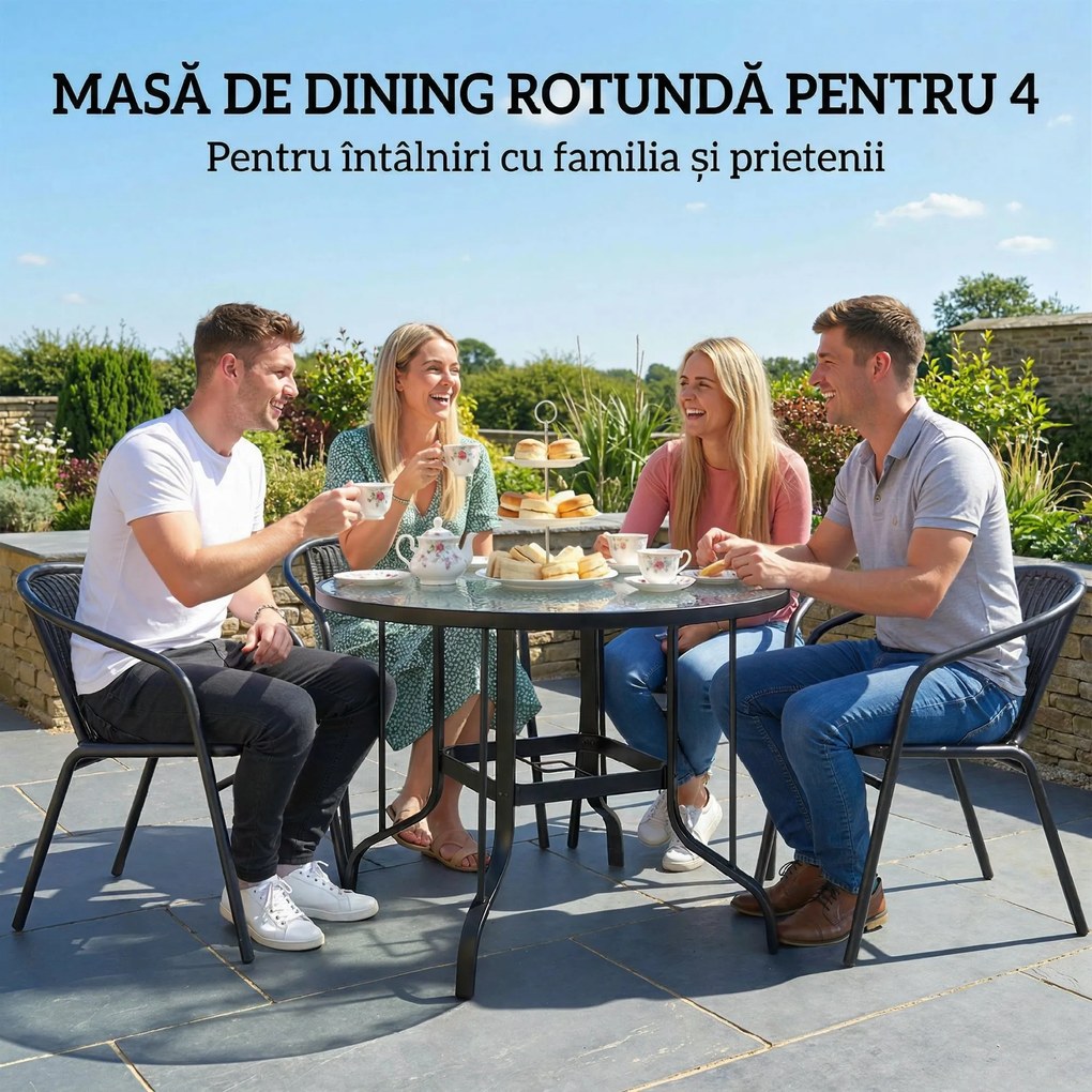 Outsunny Masă Rotundă de Grădină pentru Maxim 4 Persoane cu Gaură pentru Umbrelă, Ø96,5x71 cm, Negru | Aosom Romania