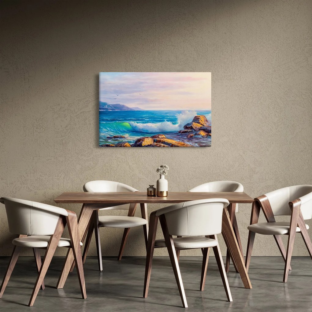 Tablou - Valuri lovind stânci, pictură în ulei (90x60 cm)