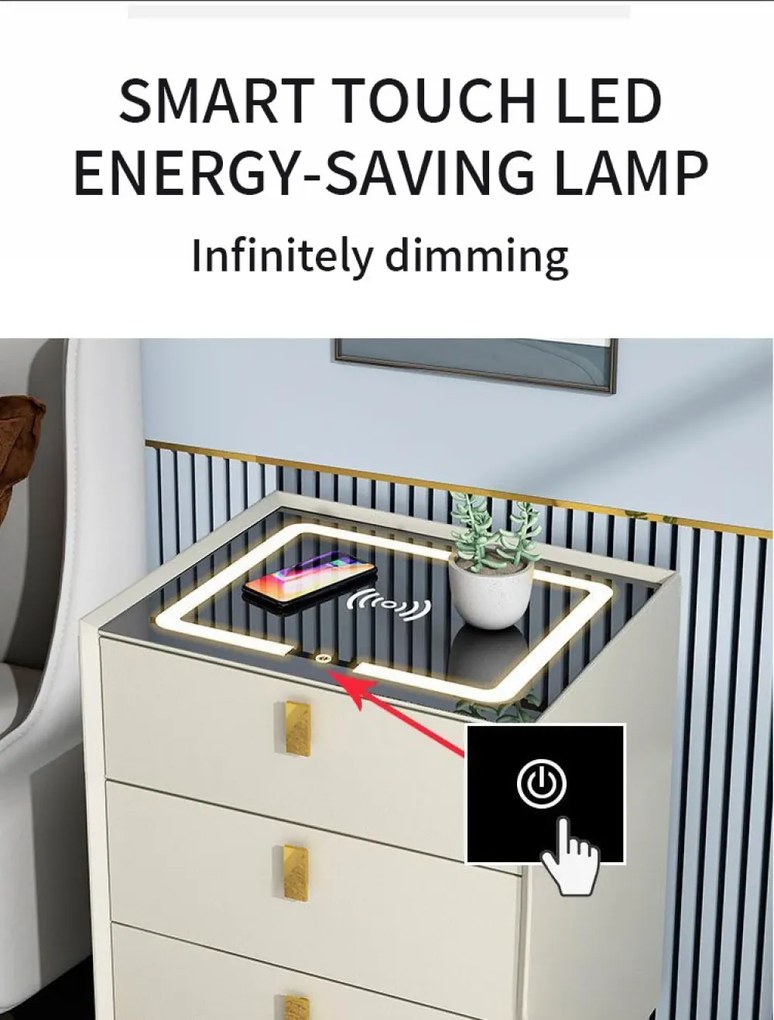 Noptieră inteligentă multifuncțională, 3 sertare, blocare cu amprentă, LED-uri tactile, 3 tipuri de culoare, încărcare fără fir, Difuzor Bluetooth, incarcare USB, sticla securizata, Alb