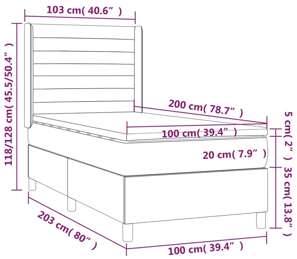 Pat box spring cu saltea, gri deschis, 100x200 cm, textil Gri deschis, 100 x 200 cm, Benzi orizontale