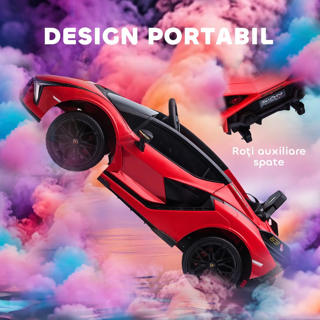 Masina electrica HOMCOM pentru copii 12V Lamborghini, telecomanda, viteza 3-8 km/h, 108x62x40cm, Rosie | Aosom Romania