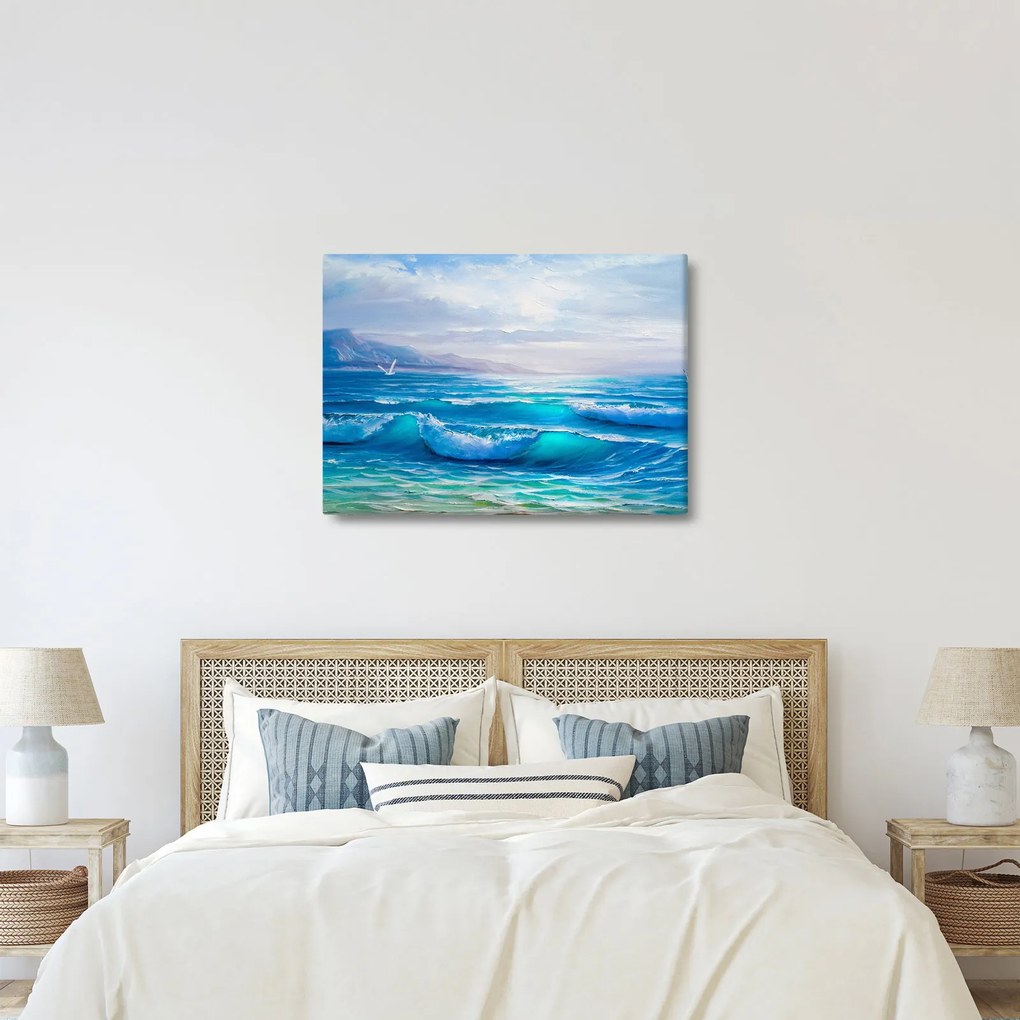 Tablou - Pictură în ulei de mare cu pescăruși (70x50 cm)