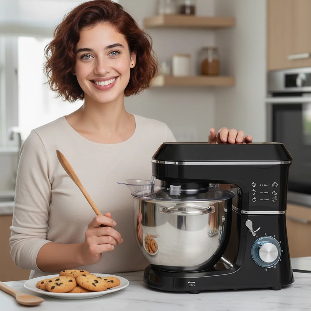 HOMCOM Mixer Planetar cu Bol Inox de 7L, 1400W, 6 Viteze Pulse, Cap Înclinat, Mixer Profesional Antiderapant cu Cârlig Frământare, Tel, Batător, Capac Anti-Stropire și Accesorii | Aosom Romania