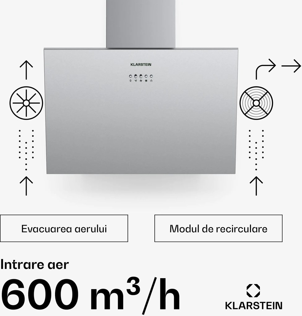 Klarstein Silver Lining 60, hotă de aburi, 60 cm, 568m³/h, EEK, A, oțel inoxidabil