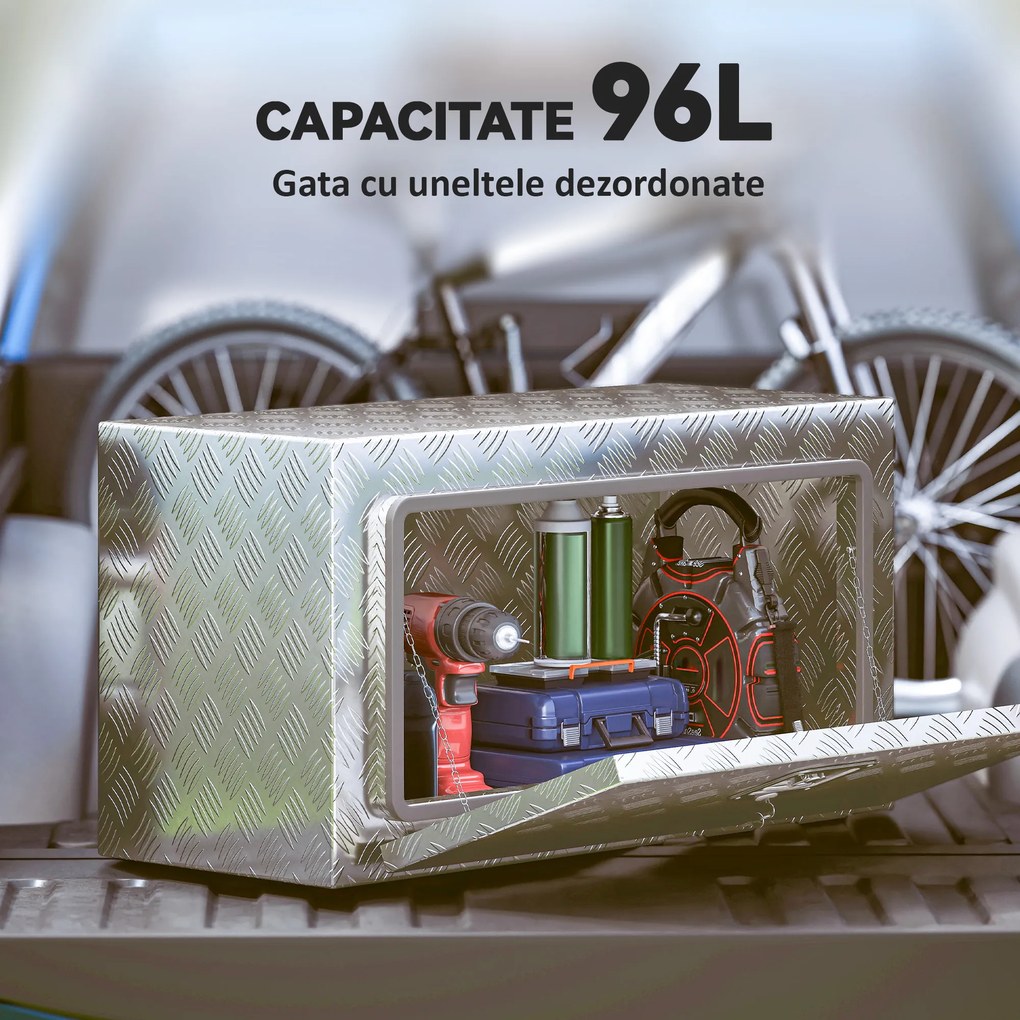 HOMCOM Cutie de Unelte din Aluminiu cu Încuietoare și 2 Chei, Cutie de Depozitare 96L, Rezistentă și Impermeabilă, pentru Pick-Up, Camper, Remorci, 76,2x35,5x40,6cm, Argintiu | Aosom Romania