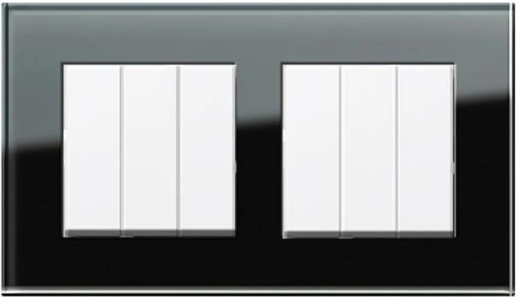 Două întrerupătoare triple GIRA Esprit alb lucios cu ramă dublă sticlă neagră