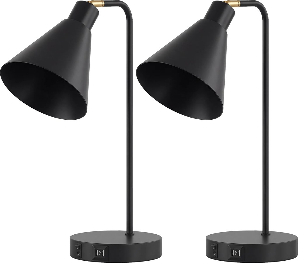 HOMCOM Set de 2 Lămpi de Masă Moderne din Oțel cu Porturi USB, E27, Becurile Nu Sunt Incluse, Negru | Aosom Romania
