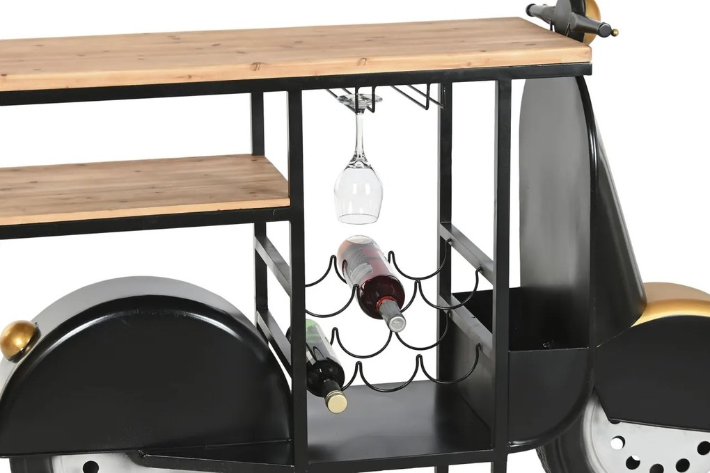 Bar decorativ din metal, negru, formă de scuter cu blat din lemn și suport pentru sticle și pahare, finisaj vopsit, 92 x 134 x 36 cm, „Menton”