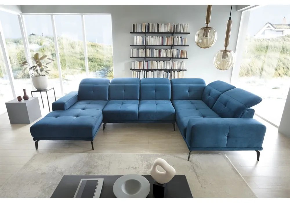 Colțar albastru cu tapițerie din catifea (cu colț pe partea dreaptă/în formă de "U") Neviro – ELTAP