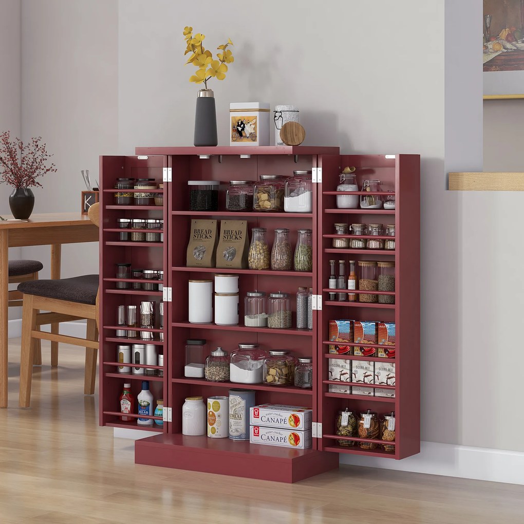 HOMCOM Dulap mobilier de bucătărie despensier 2 uși cu 5 rafturi și 12 recipiente pentru mirodenii - 60 x 30 x 104 cm - roșu | Aosom Romania