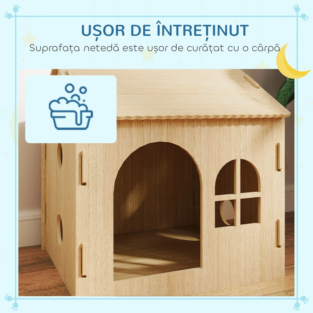PawHut Căsuță pentru Câini de Interior cu Fereastră Mică și Intrare Frontală, 49,5x41x51 cm, Lemn Natural | Aosom Romania