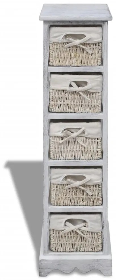 Dulap de depozitare din lemn, 5 cosuri impletite, alb 1, 25 x 28 x 90 cm, Alb, Alb