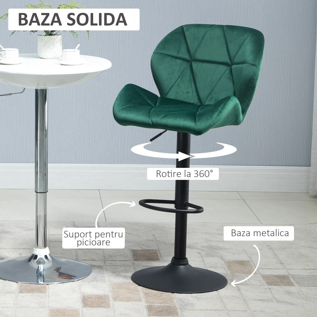 HOMCOM Set 2 Scaune de Bar cu Înălțime Reglabilă, Bază Metalică și Șezut din Catifea, 46x48x83-104 cm, Verde | Aosom Romania