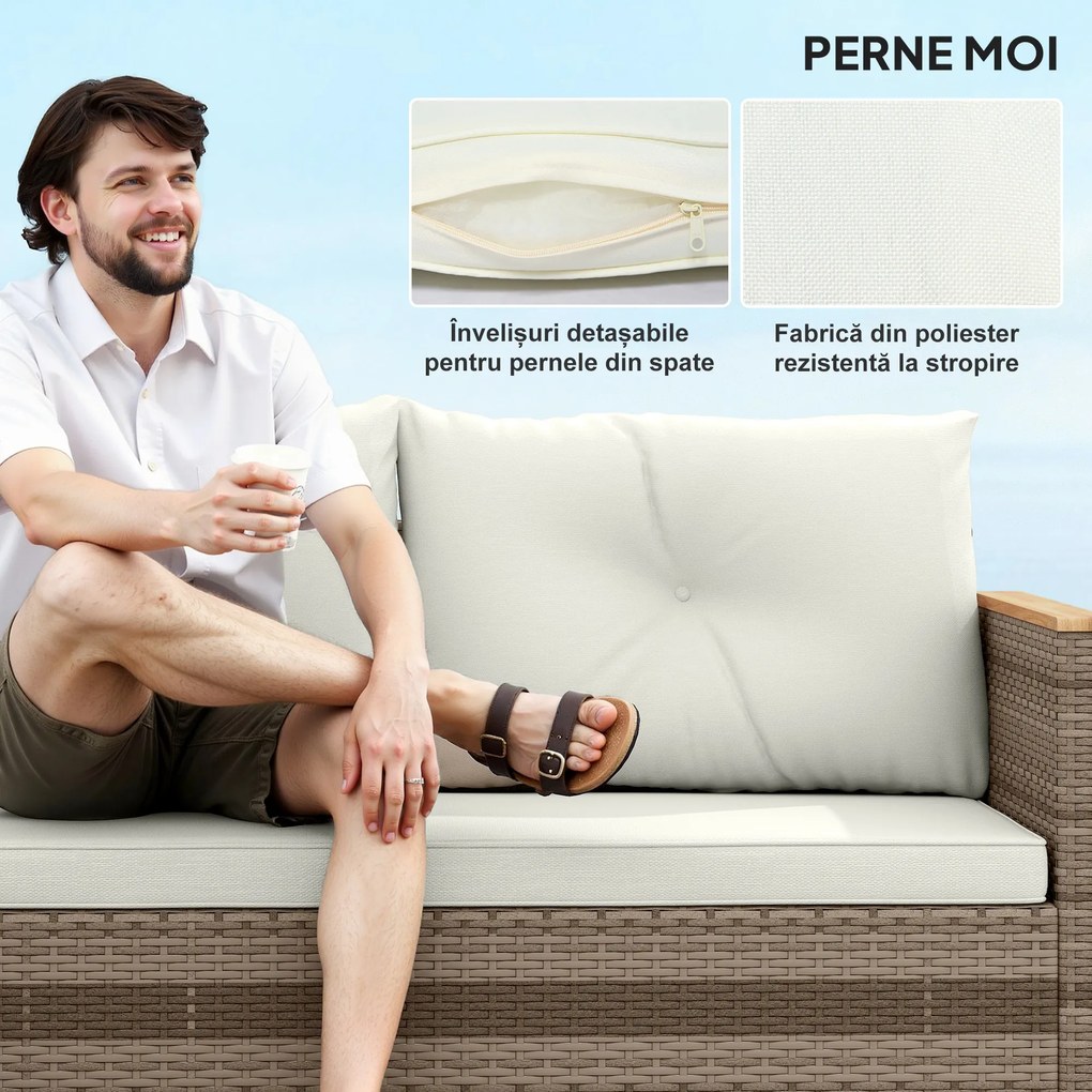 Outsunny Set de Mobilier de Grădină din 3 Piese cu Canapea, Șezlong și Măsuță de Cafea, 128x66x66 cm, Kaki | Aosom Romania