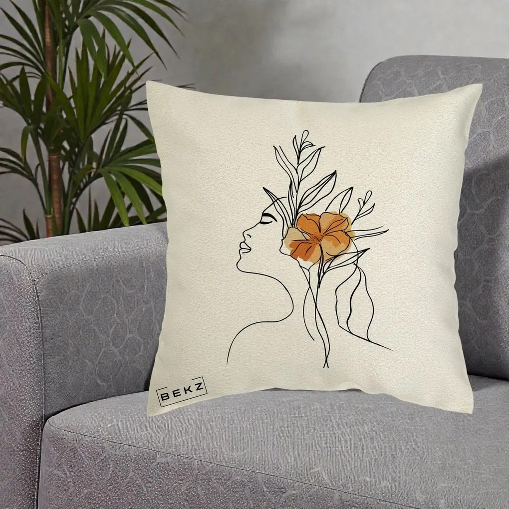 Perna Decorativa Portret Feminin Floare Portocalie Lateral, 40x40 cm, Ecru, Husa Detasabila, Perna Inclusa, BEKZ®