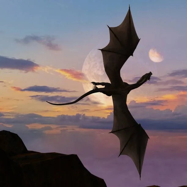 Ilustrație Illustration of single horned dragon soaring, BWFolsom