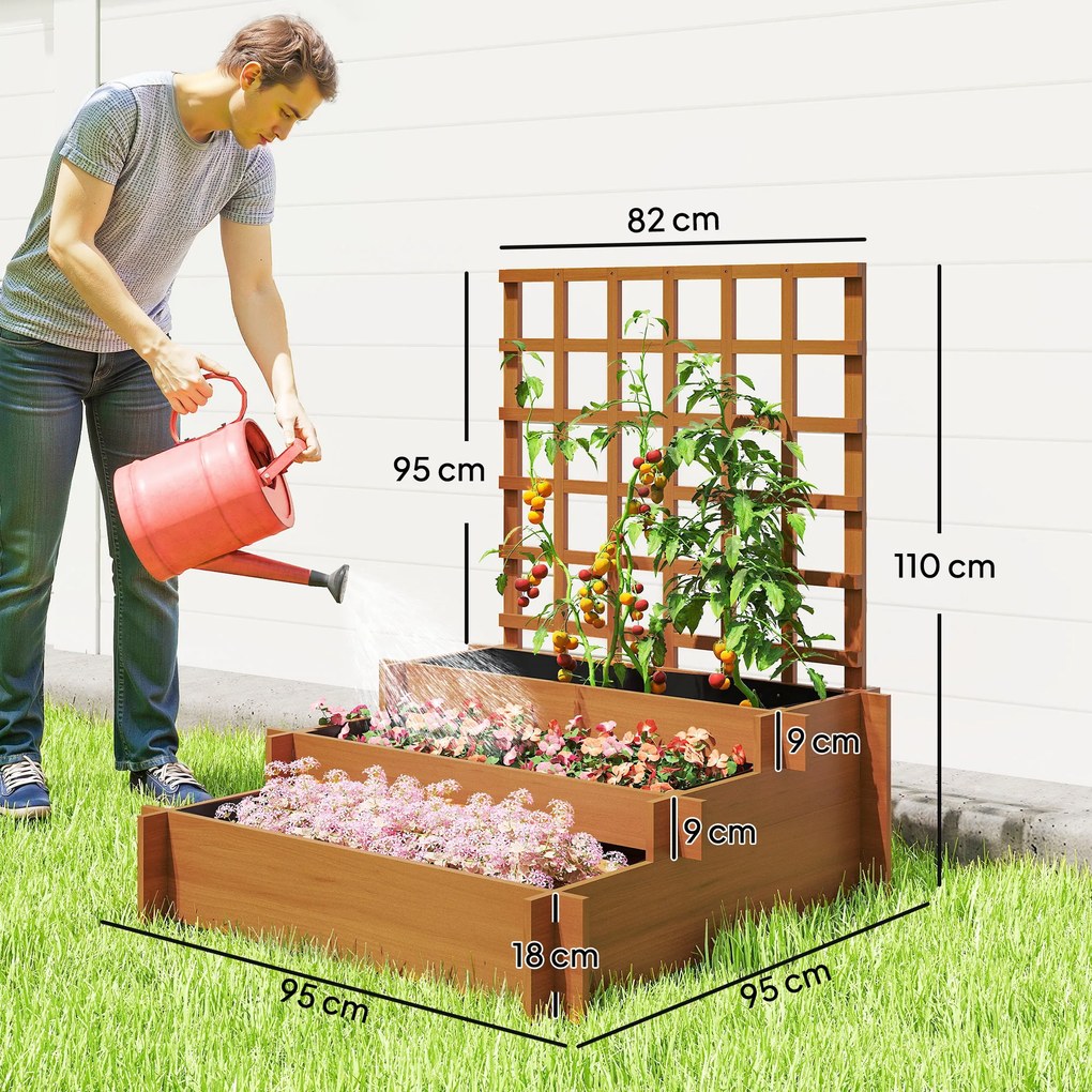 Outsunny Jardinieră cu 3 Niveluri și Grilaj pentru Plante Cățărătoare, Straturi Ridicate din Lemn, 95x95x110cm, Natural | Aosom Romania