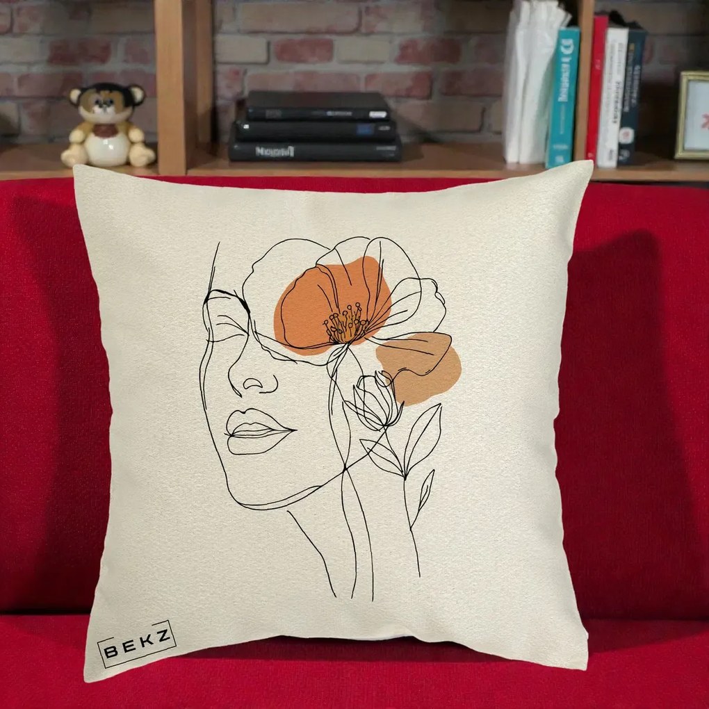 Perna Decorativa Portret Feminin Mac Profilat, 40x40 cm, Ecru, Husa Detasabila, Perna Inclusa, BEKZ®