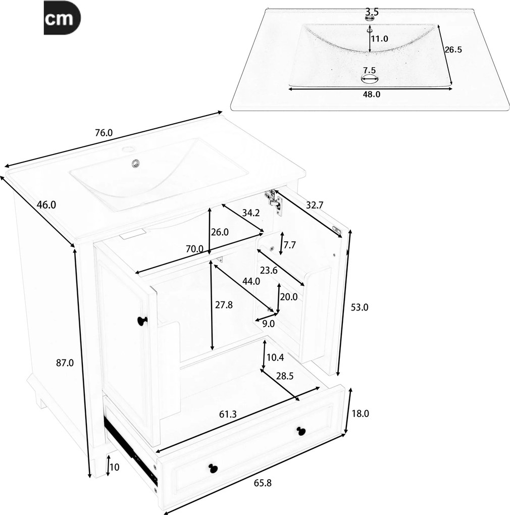 Dulap de baie cu chiuvetă, independent, spațiu mare de depozitare, 76x46x87 cm, Alb