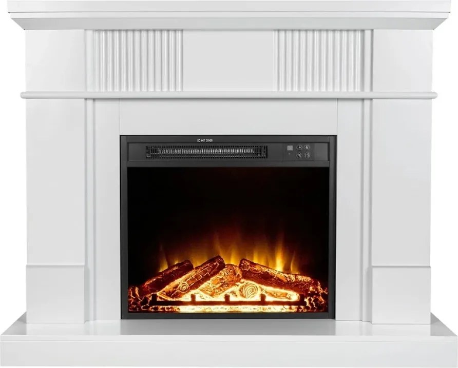 RESIGILAT- Semineu electric cu mască MDF, flacără LED, bușteni decorativi, sunet lemne, termostat, timer, telecomandă, Alb
