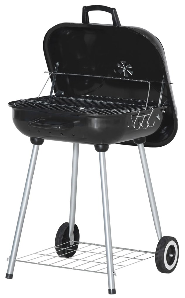 Outsunny Barbecue cu cărbune BBQ cu 2 roți, ustensile, capac și raft dim. 56L x 62l x 82H cm, metal emailat negru | Aosom Romania