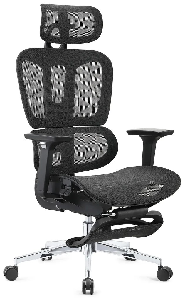 ERGOTHRONE Scaun ergonomic, Sezut Translatie, Cotiere 2D, suport picioare, Full Mesh, Negru
