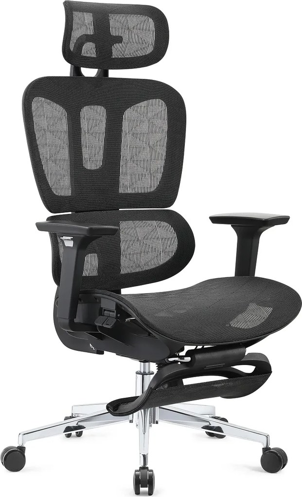 ERGOTHRONE Scaun ergonomic, Sezut Translatie, Cotiere 3D, suport picioare, Full Mesh, Negru