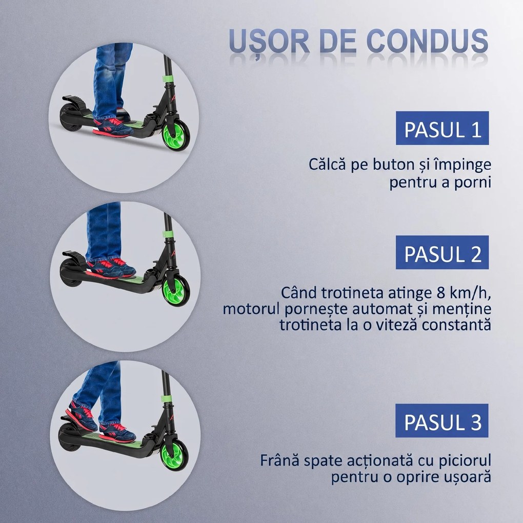 HOMCOM Trotinetă Electrică Pliabilă pentru Copii de 6+ Ani cu Înălțime Reglabilă, 71x36.5x75-80 cm, Verde | Aosom Romania