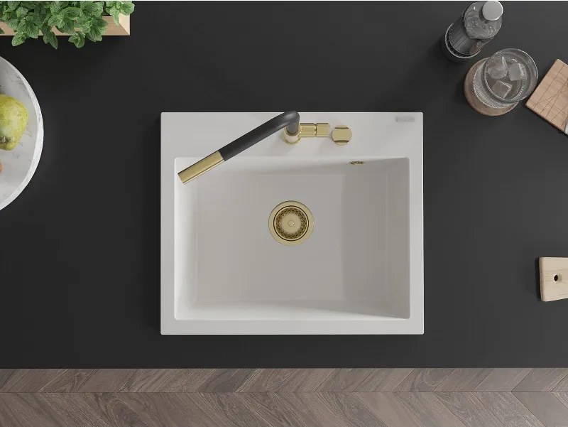 Mexen Oscar chiuvetă de granit cu 1 compartiment 580 x 490 mm, albă, sifon auriu - 6519581000-20-G