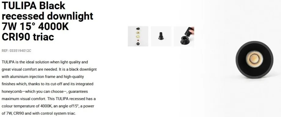 Spot LED incastrabil TULIPA Black recessed downlight 7W 15° 4000K CRI90 triac