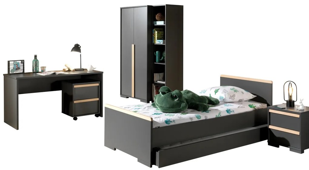 Set LONDON în culoarea antracit format dintr-un Pat copii (90x200) cu sertar, noptieră, Dulap camera copii cu 2 uși, birou cu cărucior de birou și