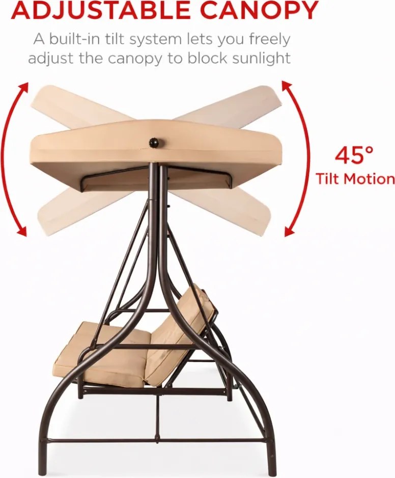 Leagan de grădină, șezlong tip pat, 3 locuri, copertina reglabila, cadru otel, 194x120x173 cm, Bej Tan