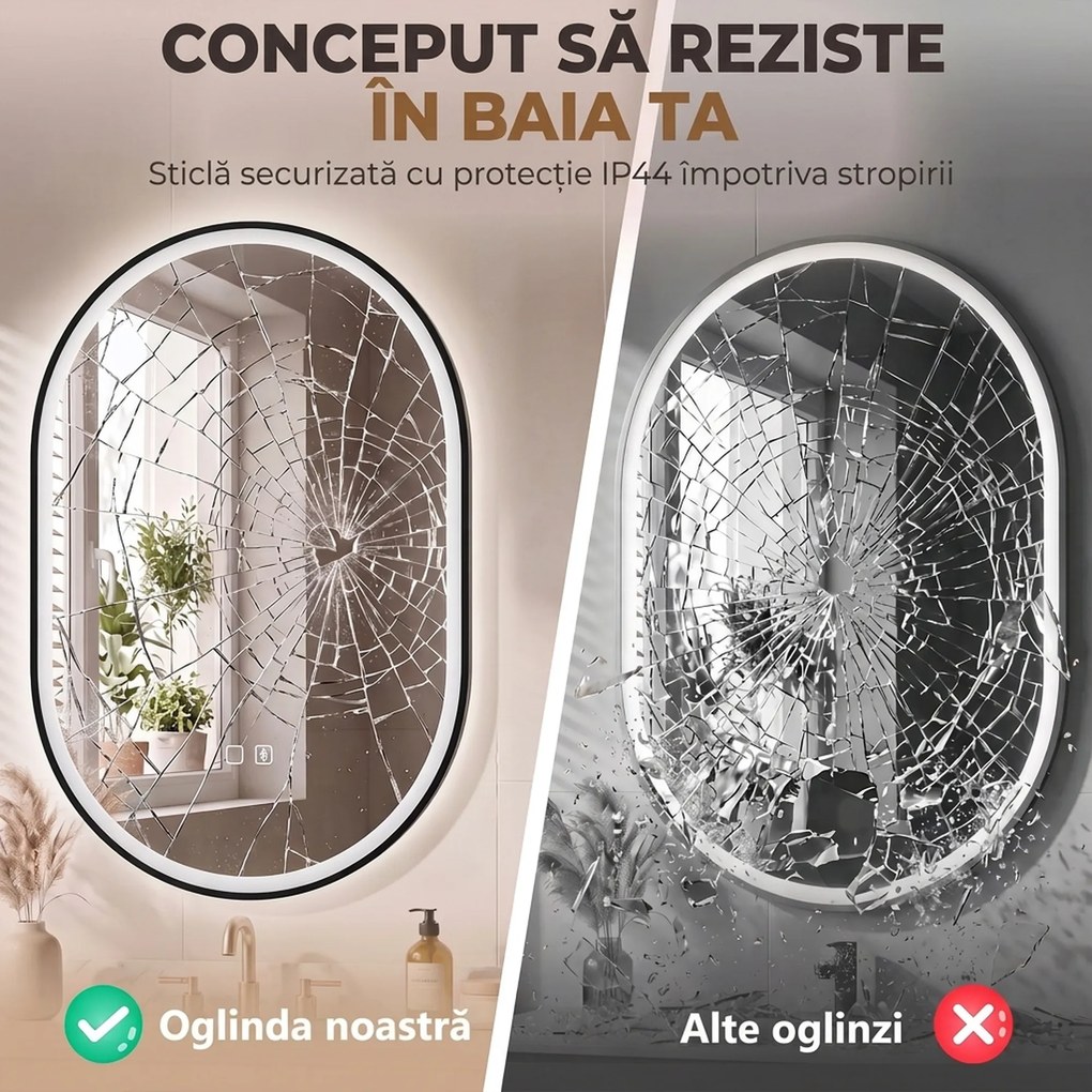 HOMCOM Oglindă de Baie Ovală cu LED 70x100 cm, Bluetooth, Memorie, Butoane Tactile, Antiaburire | Aosom Romania