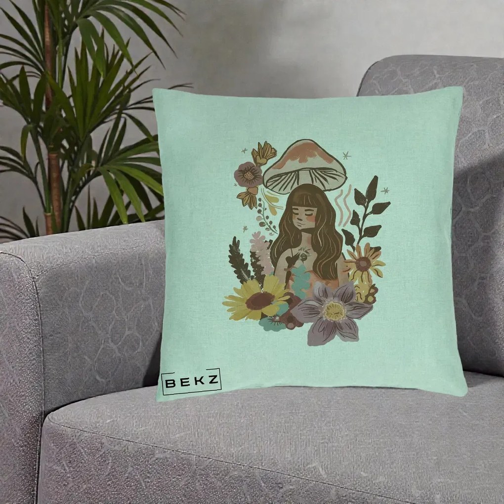 Perna Decorativa Fata Ciuperca Boho Florala, 40x40 cm, Verde Menta, Husa Detasabila, Perna Inclusa, BEKZ®