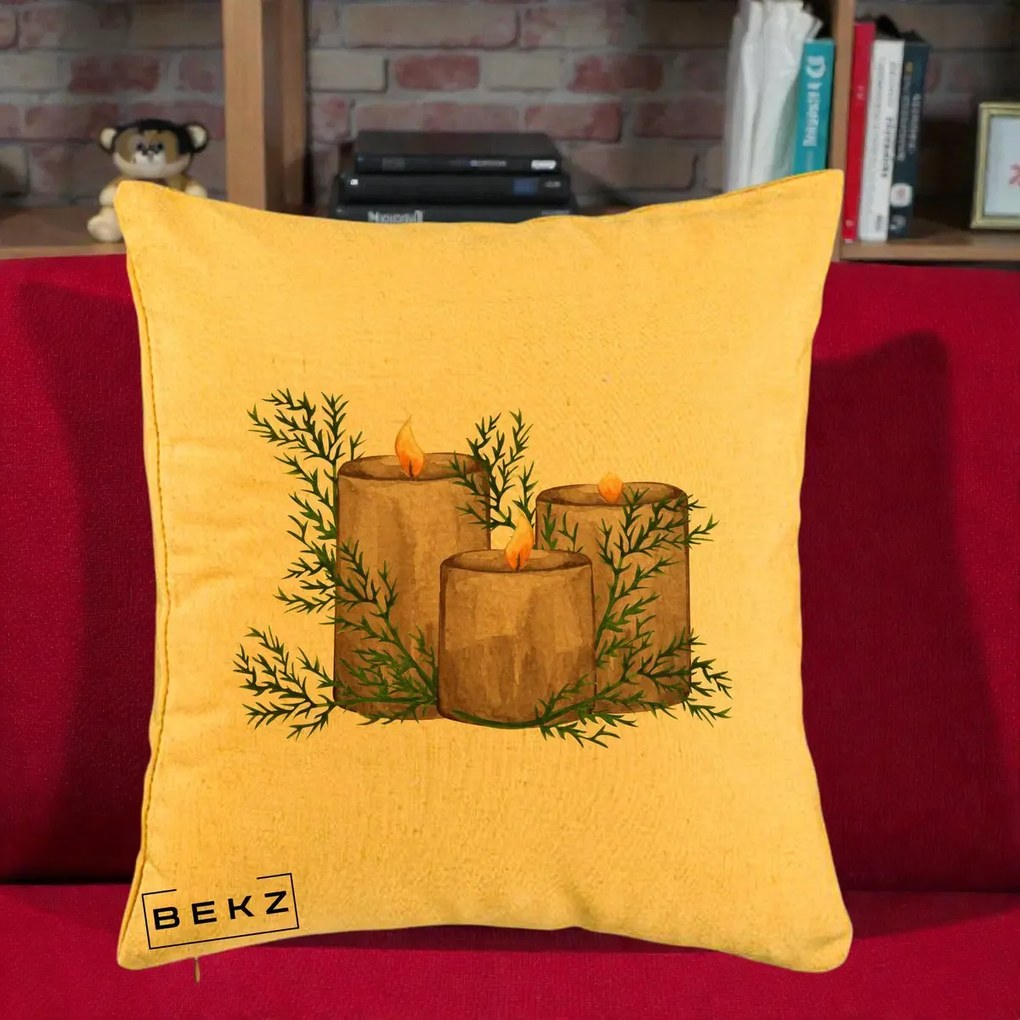 Perna Decorativa Lumanari Rustice cu Crengute Brad, 40x40 cm, Galben, Husa Detasabila, Perna Inclusa, BEKZ®