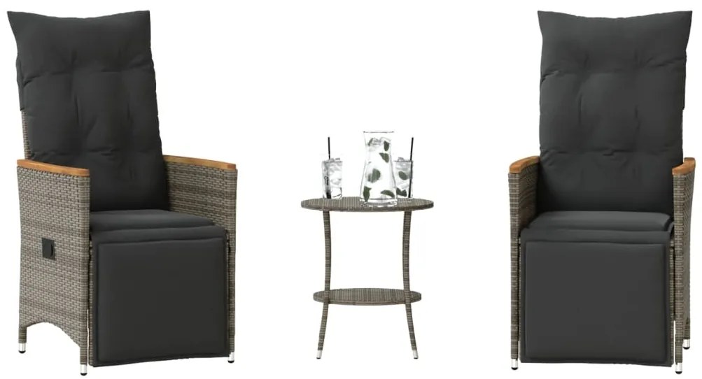 vidaXL Set bistro de grădină cu perne, 3 piese, gri, poliratan