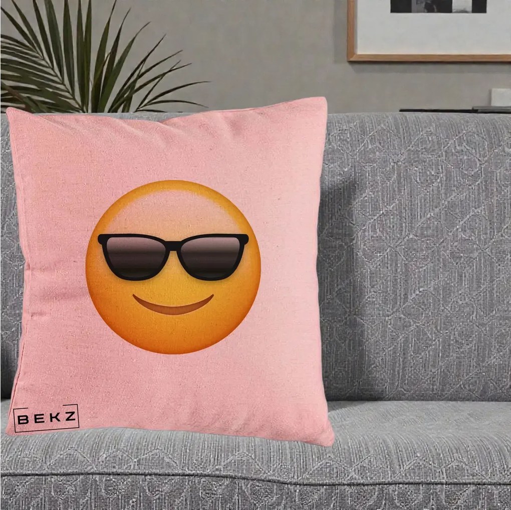 Perna Decorativa Emoji Cool Ochelari, 40x40 cm, Roz, Husa Detasabila, Perna Inclusa, BEKZ®