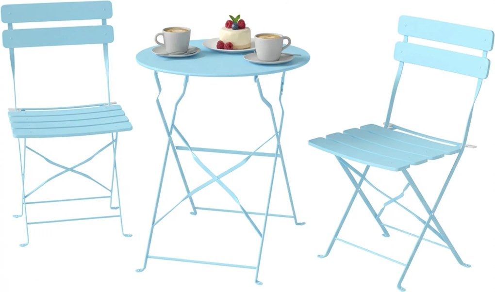 Outsunny Set bistro de grădină pliabil 3 piese, masă bistro cu 2 scaune, șezut cu lamele, picioare duble în X, albastru deschis | Aosom Romania