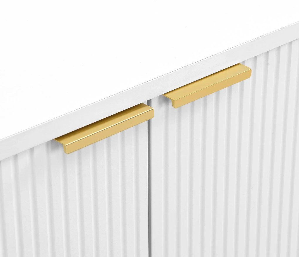 Bufet cu uși și rafturi interioare, sertare, mânere și picioare aurii, 120x38x80,5 cm, Alb