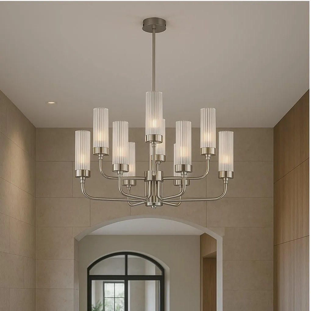 Candelabru 12 brate, otel nickel, sticla canelata PRESTON 5088