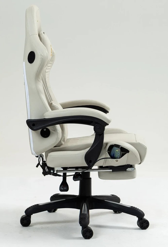RESIGILAT- Scaun gaming, Masaj in 7 puncte, Boxe Bluetooth, funcție șezlong, 90-155 grade, suport picioare, PU, Alb Crem