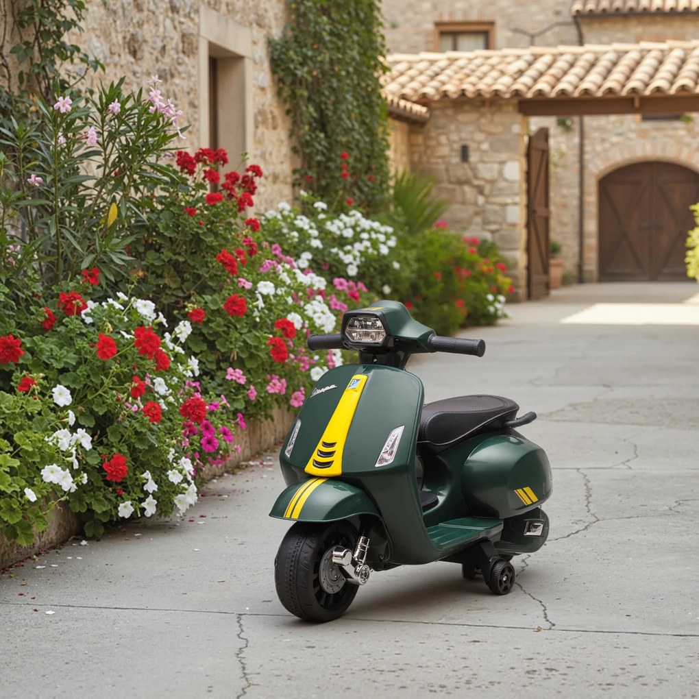 AIYAPLAY Motocicletă Electrică pentru Copii cu Licență Vespa, Baterie Reîncărcabilă 6V, Roți Laterale și Lumini, Vârsta 2-6 Ani, Verde Închis | Aosom Romania