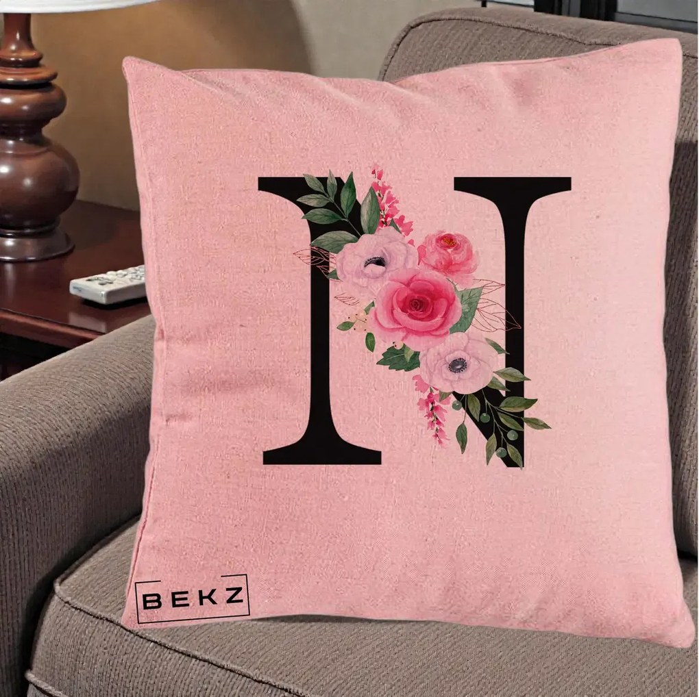 Cadou Personalizat - Perna Personalizata Monograma Florala Litera N, 40x40 cm, Roz, Husa Detasabila, Perna Inclusa, BEKZ®