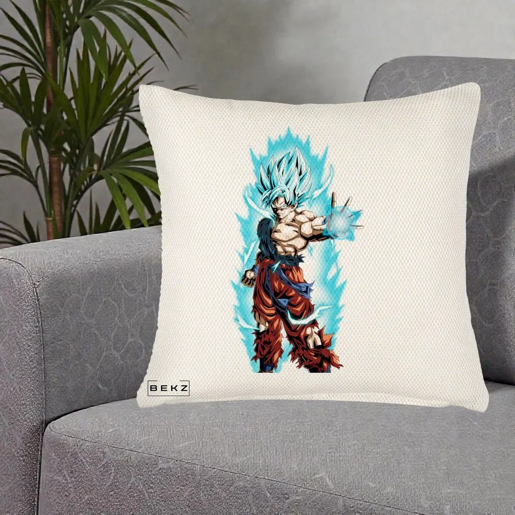 Perna Personalizata Dragon Ball Goku Ultra Instinct Blue, 40x40 cm, Crem Reliefat, Husa Detasabila, Perna Inclusa, BEKZ®